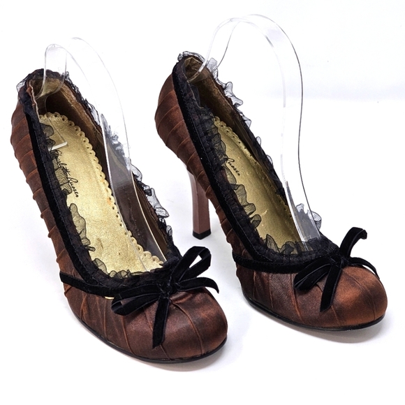 Charlotte Russe Shoes - ♡ Charlotte Russe Victorian Heels Marbled Brown Satin Black Lace Trim Velvet Bow